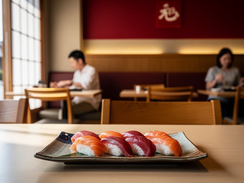 Interno accogliente del ristorante con piatti di sushi serviti al tavolo